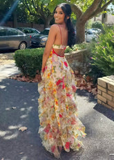 Lilian | Gorgeous Floral Ruffle Backless White Prom Dress - Yellow Floral - PromDressClub